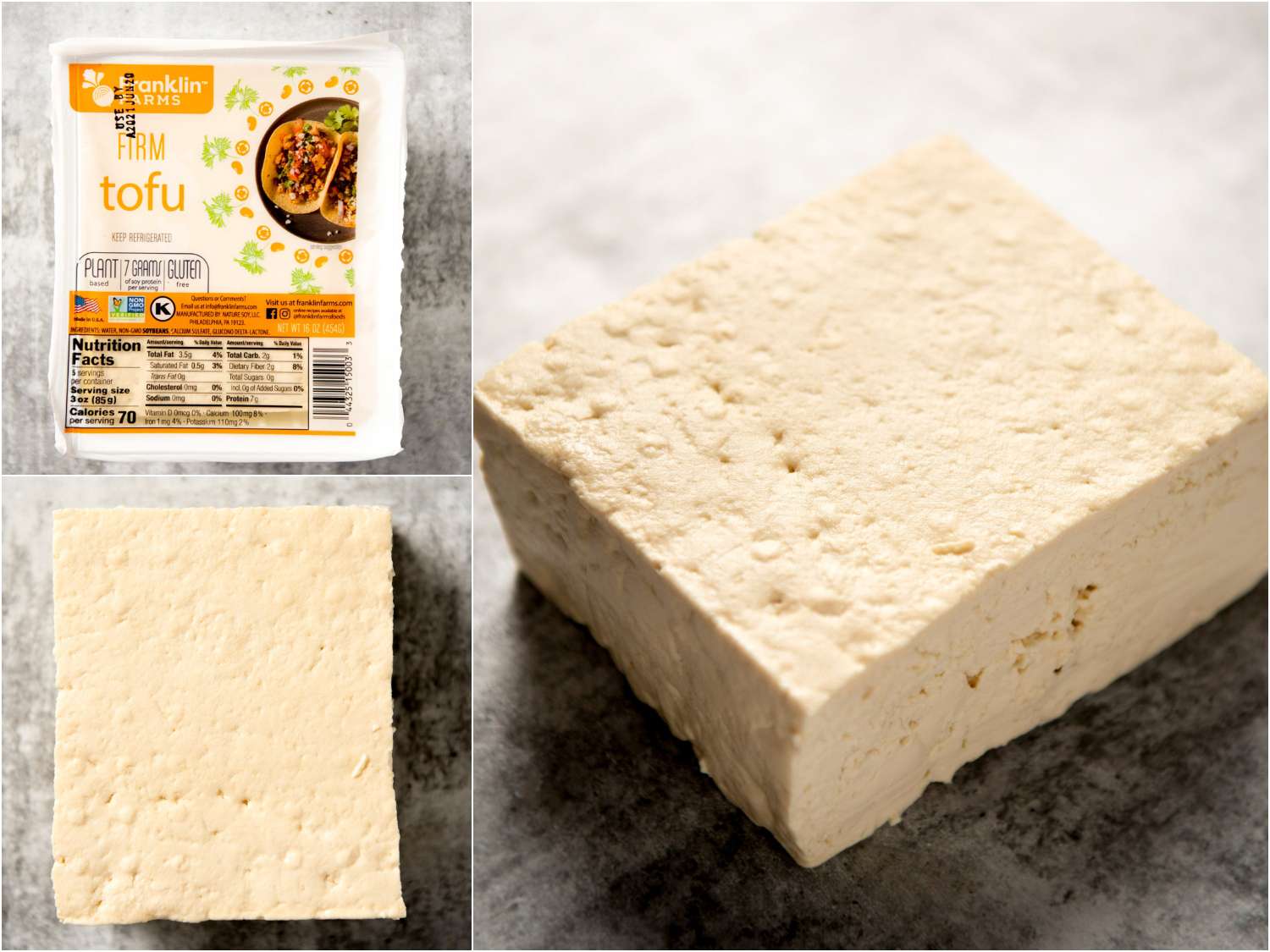 Collage of firm block tofu in packaging; unpackaged; side angle
