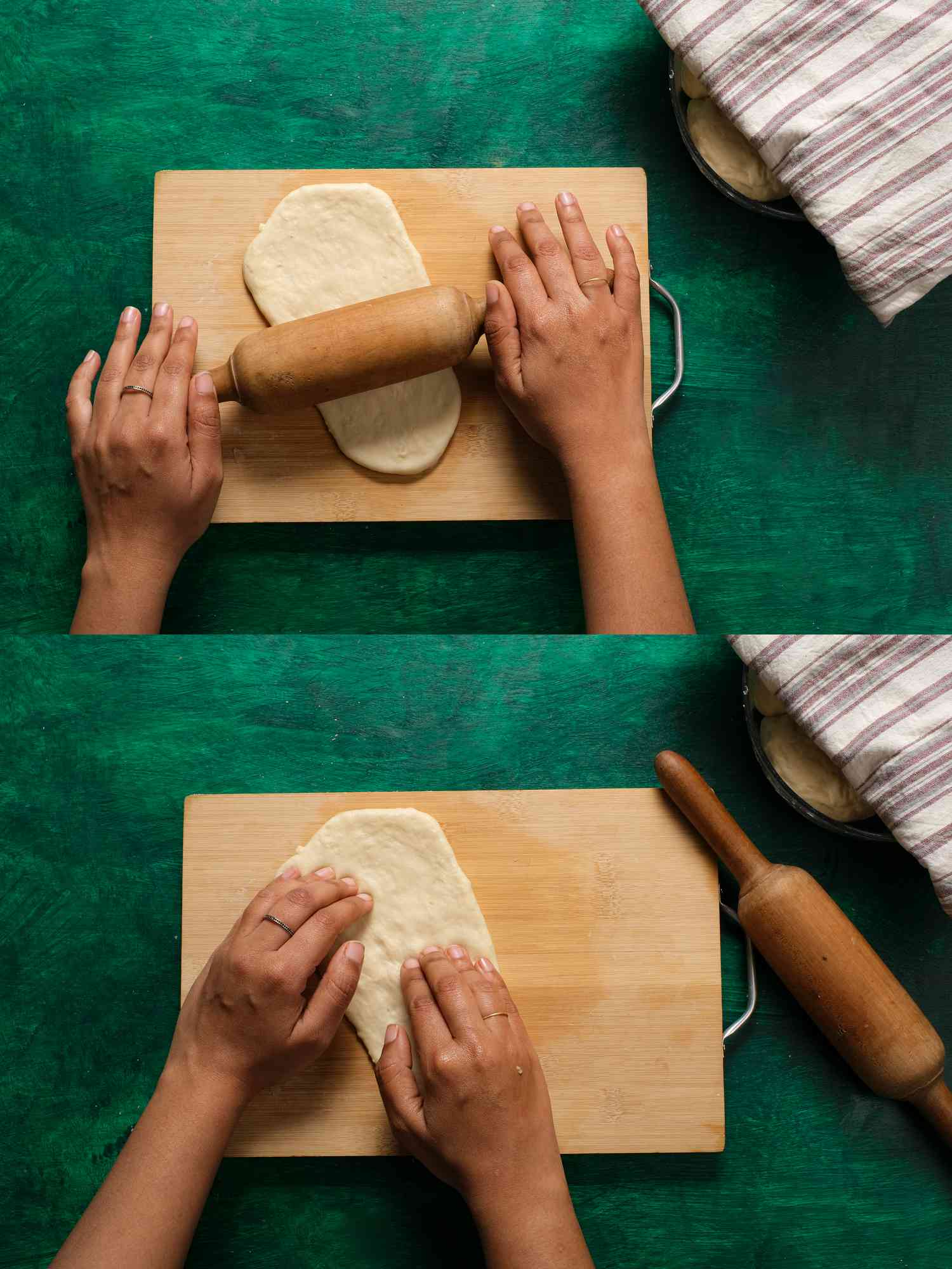 2 image collage. Top: one dough ball being rolled out with rolling pin on a wooden board and green surface. Bottom: docking dough with fingers 