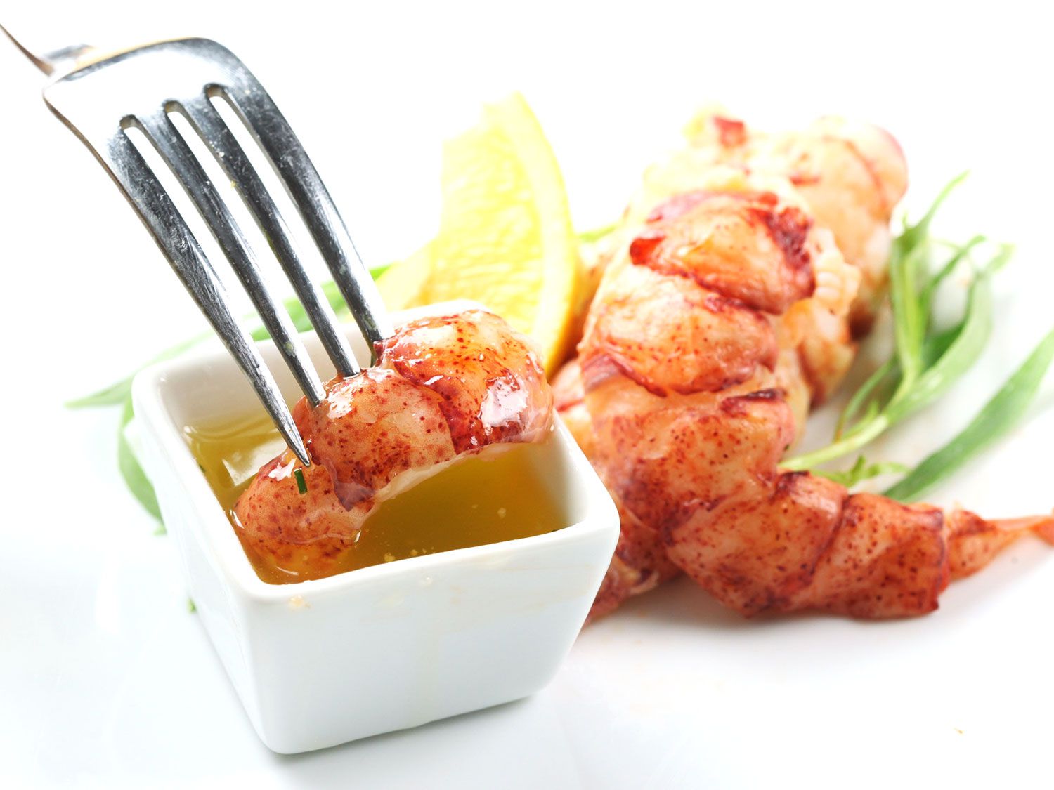 Closeup of a bite of lobster being dipped into the clarified butter it was cooked in.