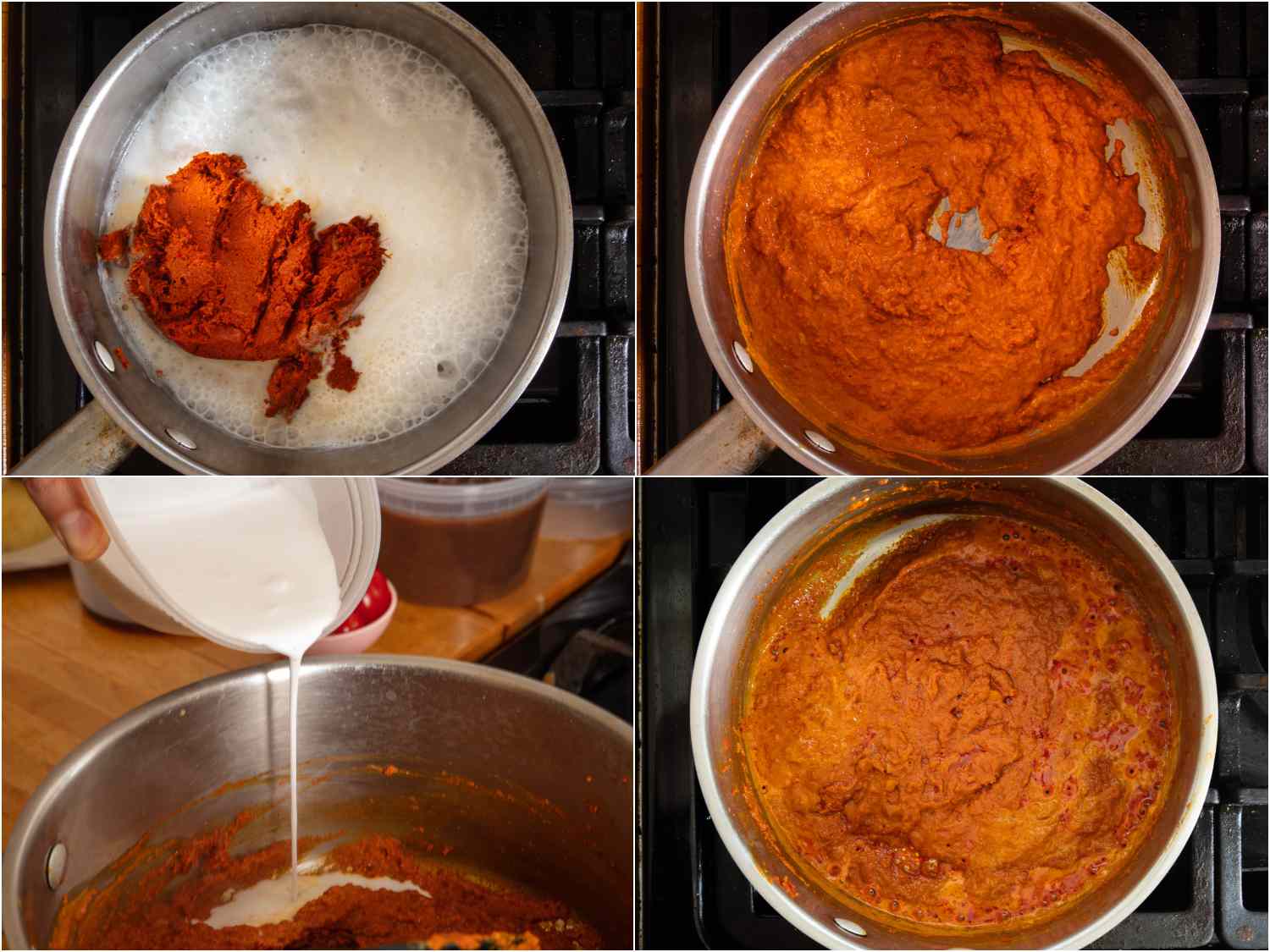 collage: curry paste added to boiling/thickened coconut milk; stirred to incorporate together; gradual addition of thinned coconut milk; curry starting to show fat separation