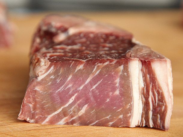 Cross-section of a steak that's been dry-aged at home.