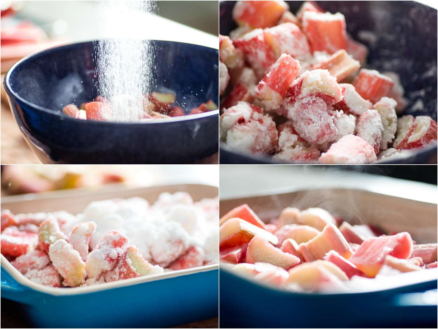Collage of making filling for rhubarb crisp: pouring sugar and tapioca starch onto chopped rhubarb, rhubarb coated with sugar and starch, coated rhubarb in baking dish, rhubarb after baking