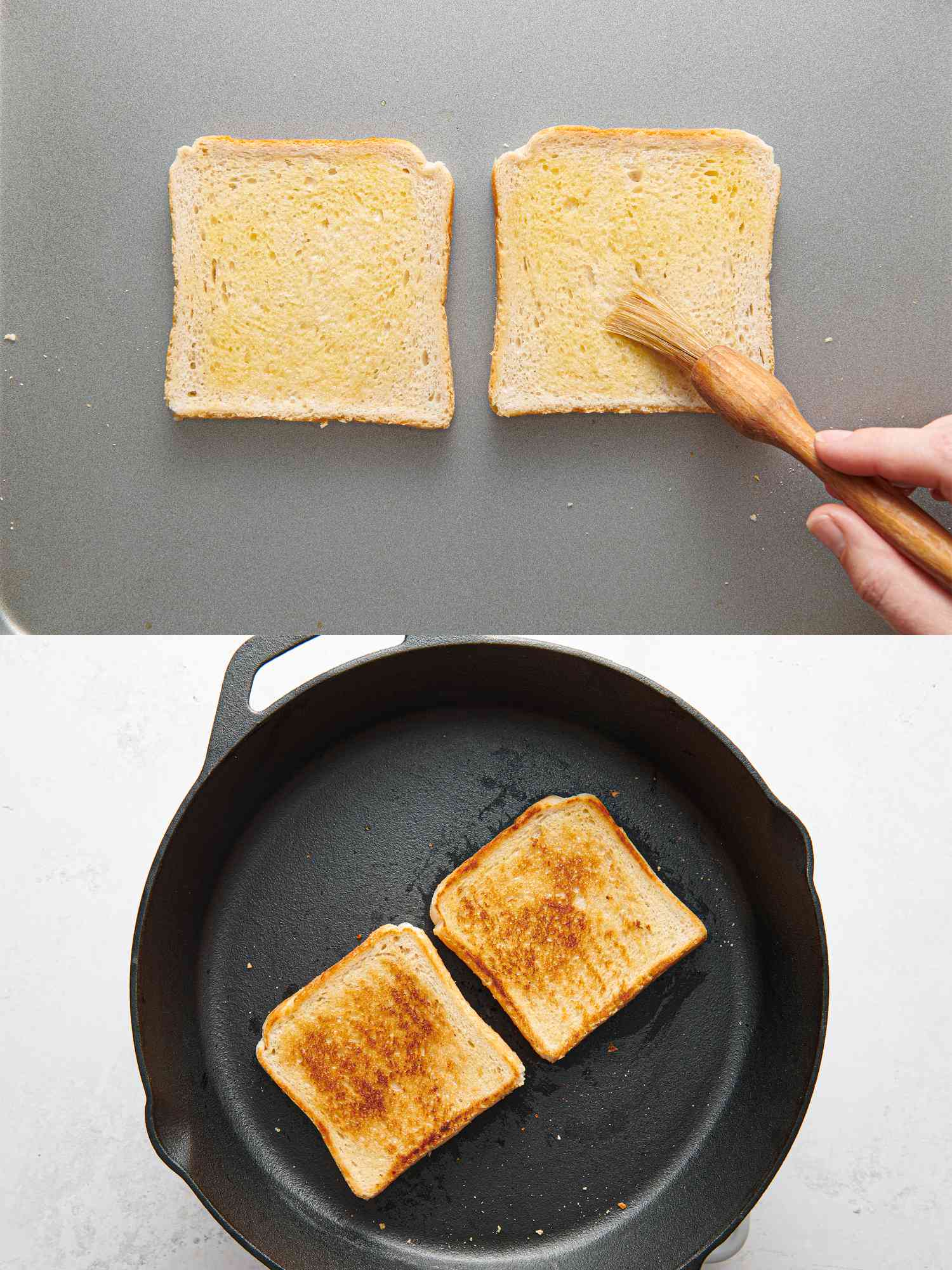 Brushing a slice of bread using a pastry brush, and bread slices flipped over in 12-inch cast-iron skillet 