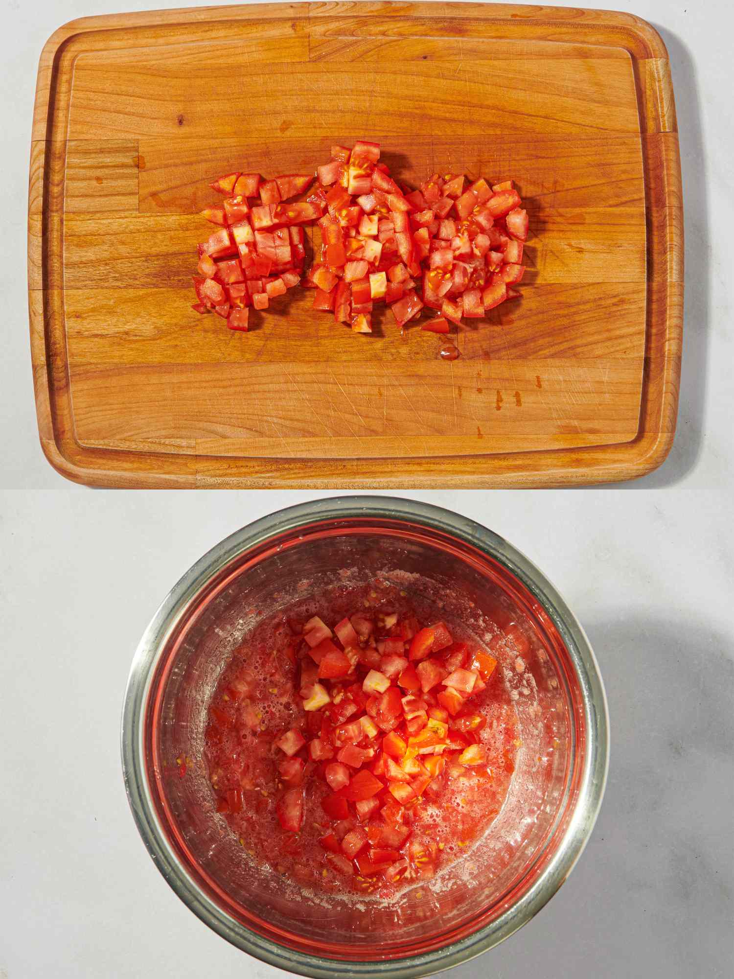 Diced tomatoes on a cutting board and in a bowl