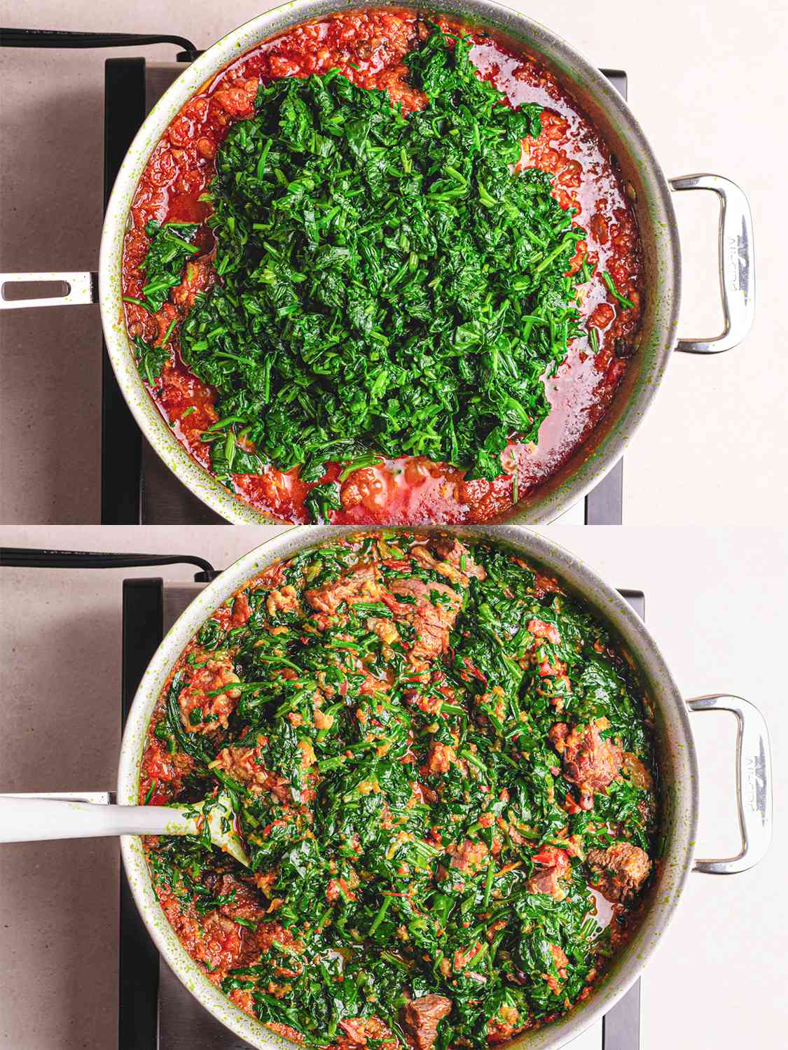 Two image collage of overhead view of adding greens and it being mixed into the stew. 