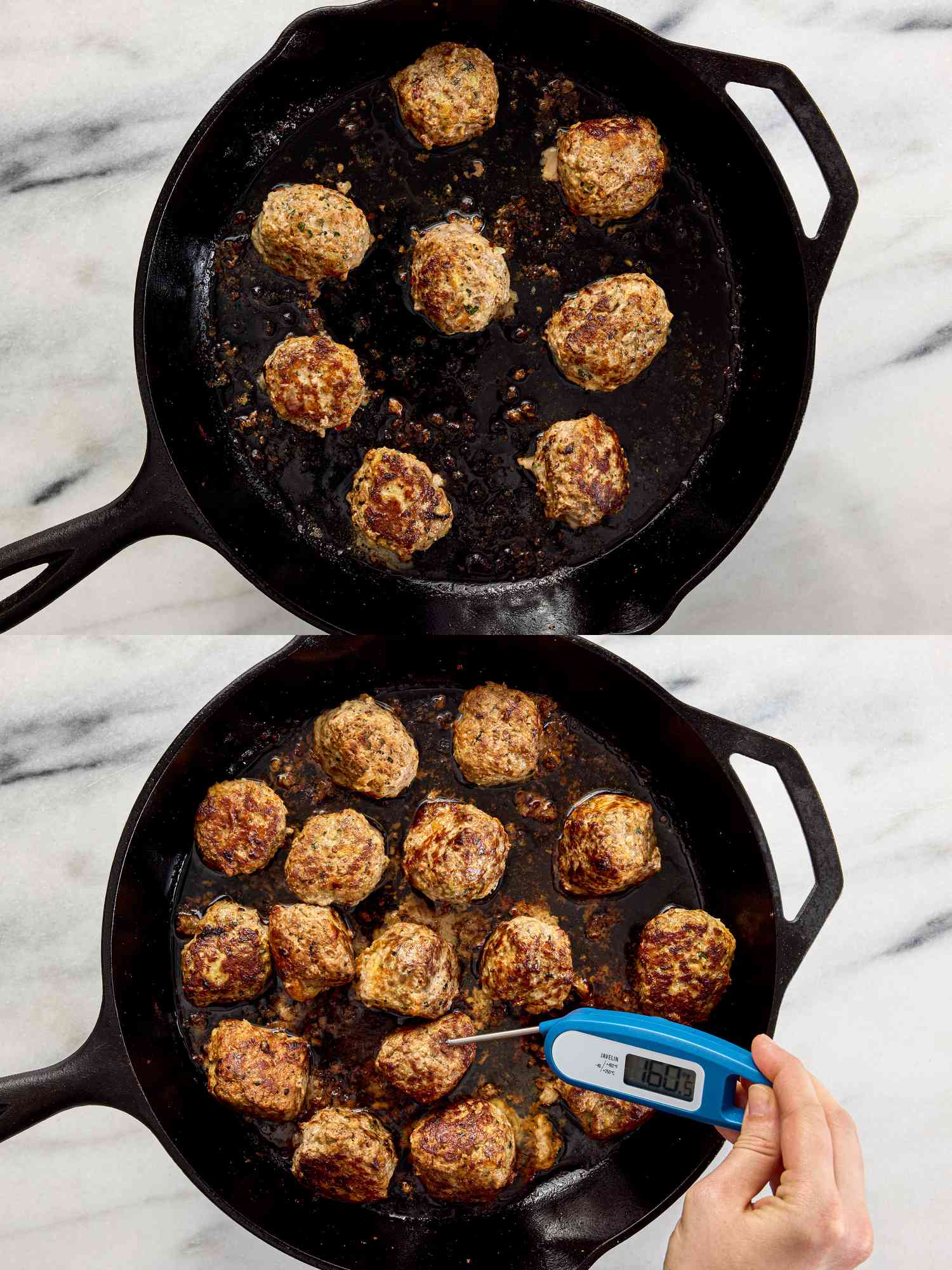 2 image collage. Top: meatballs cooking in skillet. Bottom: meatballs fully cooked with a thermometer in one