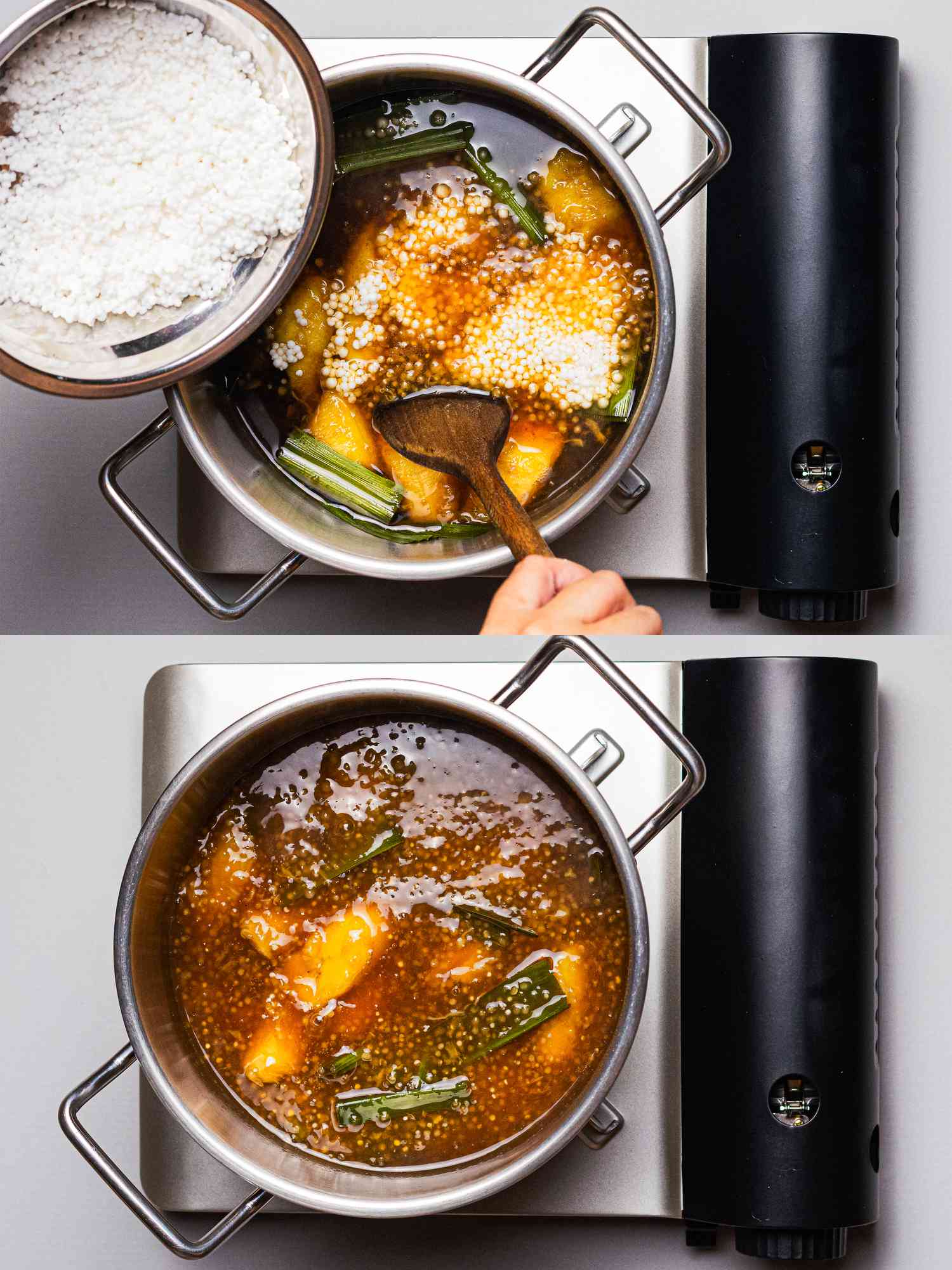 Two image collage of adding tapioca pearls