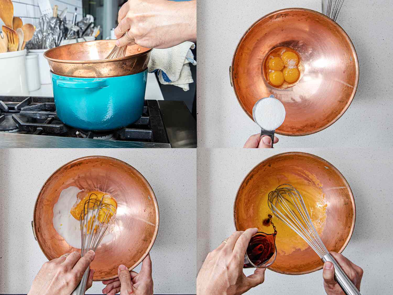 4 image collage. Clockwise from top left: a copper bowl fitted on a Dutch oven; sugar being added to eggs in a copper bowl; whisking the mixture together in a copper bowl; wine being added to mixture.