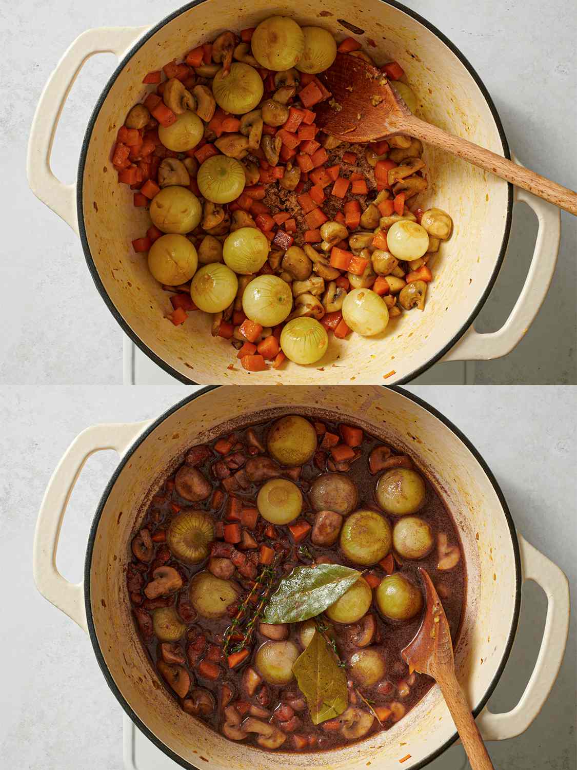 A two-image collage. The top image shows the Dutch oven holding browned onions, diced carrots, diced mushrooms, and garlic. The bottom image shows wine, thyme, and bay leaves added to the Dutch oven. There is a wooden spoon in both images.
