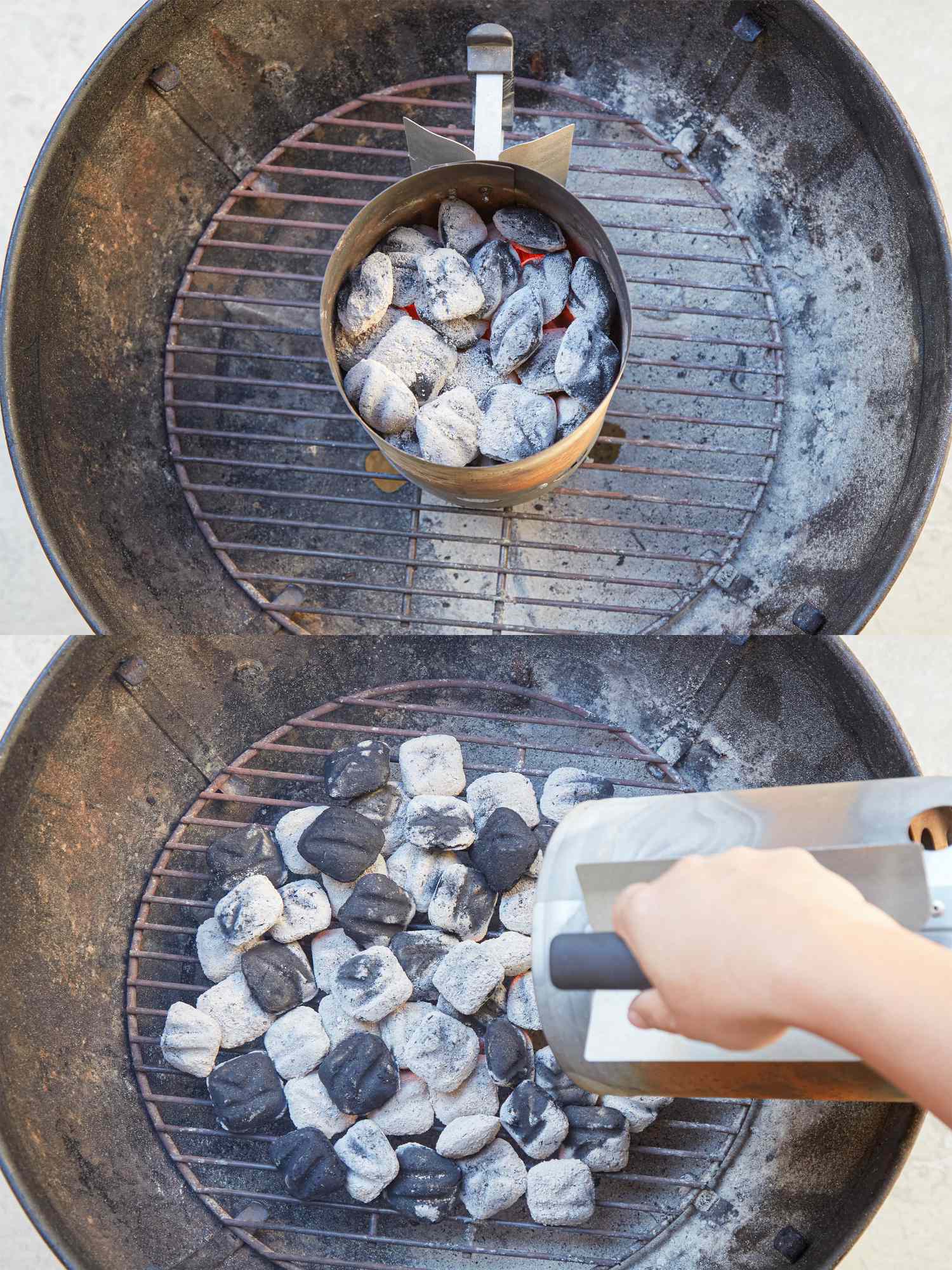 Charcoal being ignited in a chimney starter then poured onto a grill