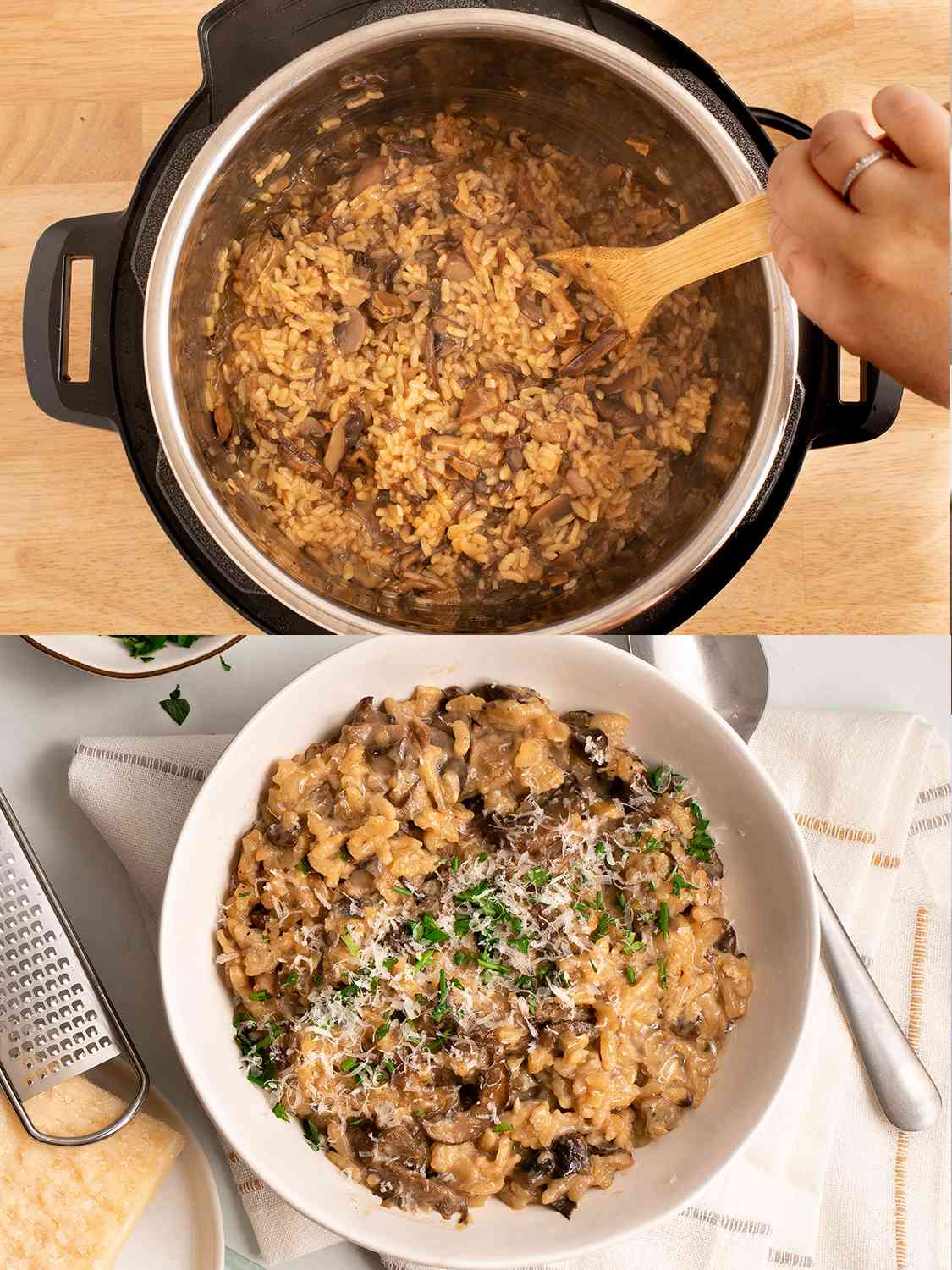 A two-image collage showing the cooked risotto being stirred in the pressure cooker, and then the risotto plated and garnished.