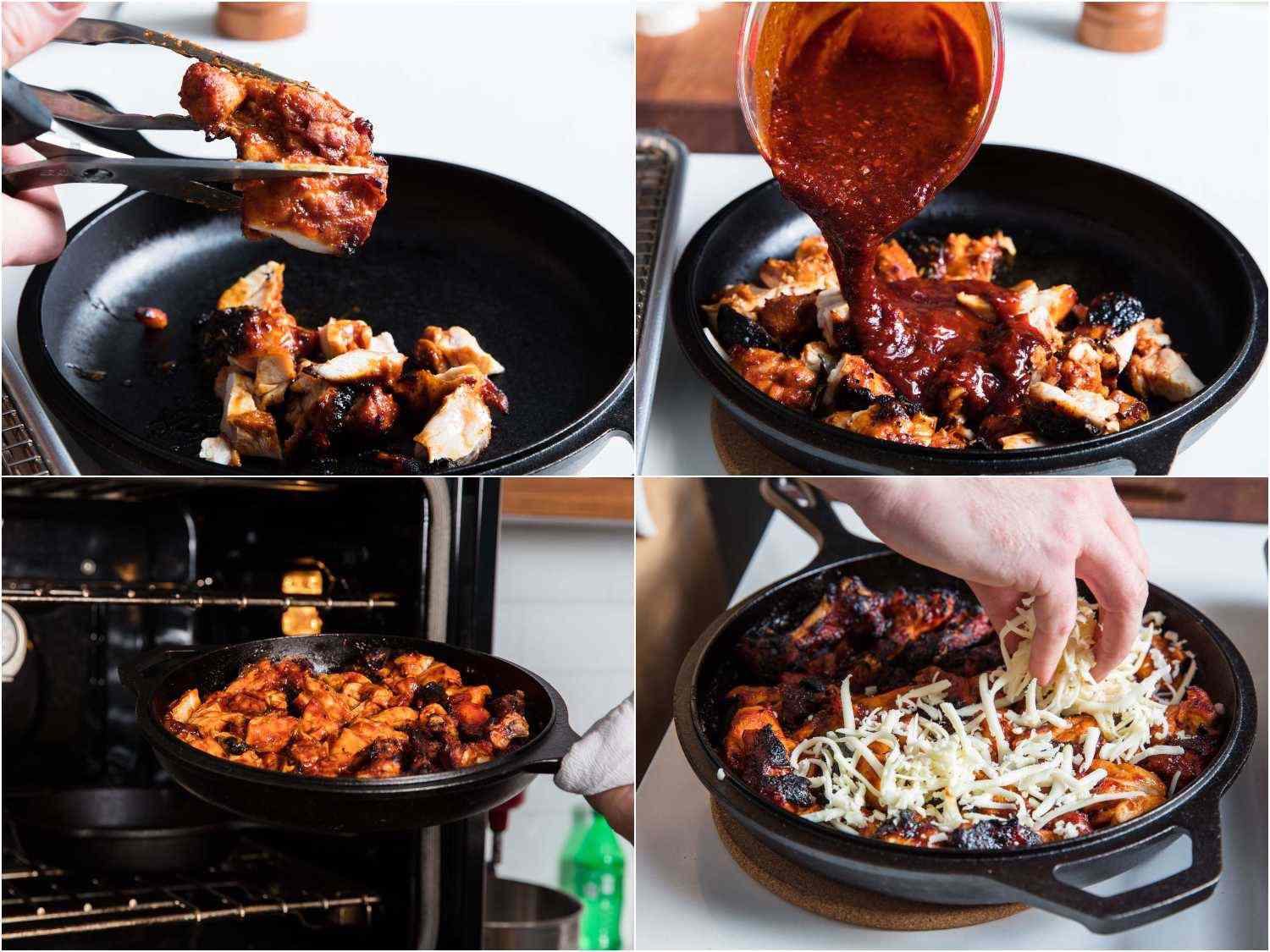 Collage of cooked chicken being cut and mixed with sauce and cheese in a cast-iron pan