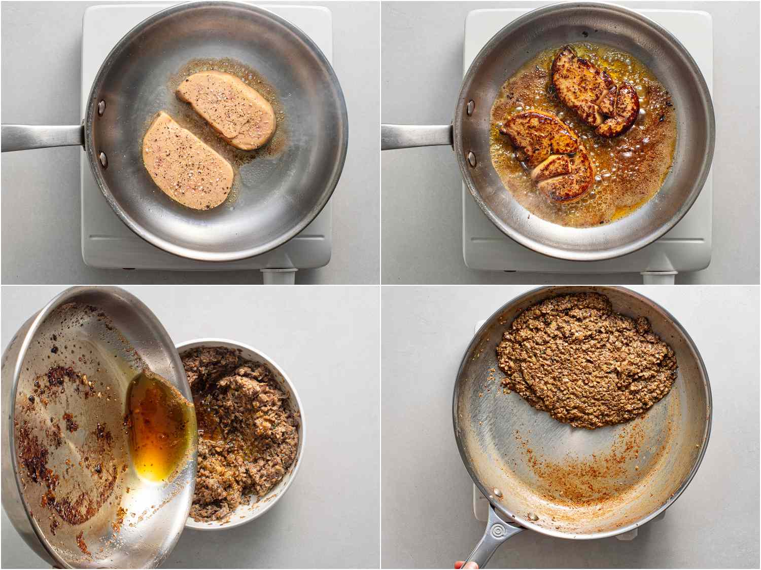A collage showing the foie gras being seared and the fat being poured off and then mixed with the mushrooms.
