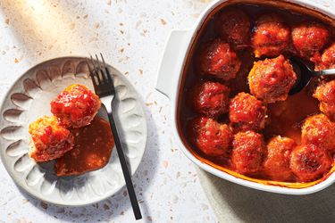 Overhead view of plated ham balls