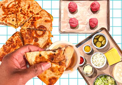 Composed image with cooked smash burger quesadillas, a tray of raw burgers, and a tray of condiments