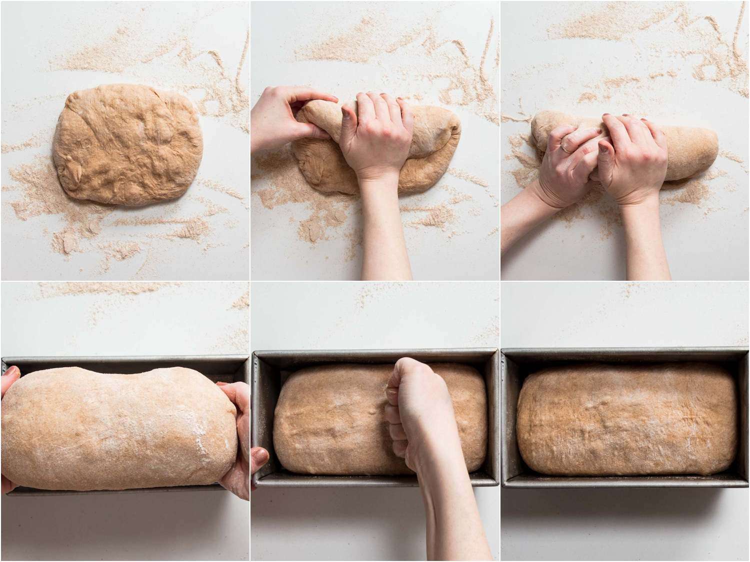 Collage of forming 100% whole wheat bread dough and placing it in loaf pan