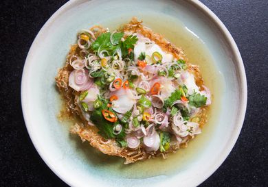 Overhead of yam khai dao on a serving plate.