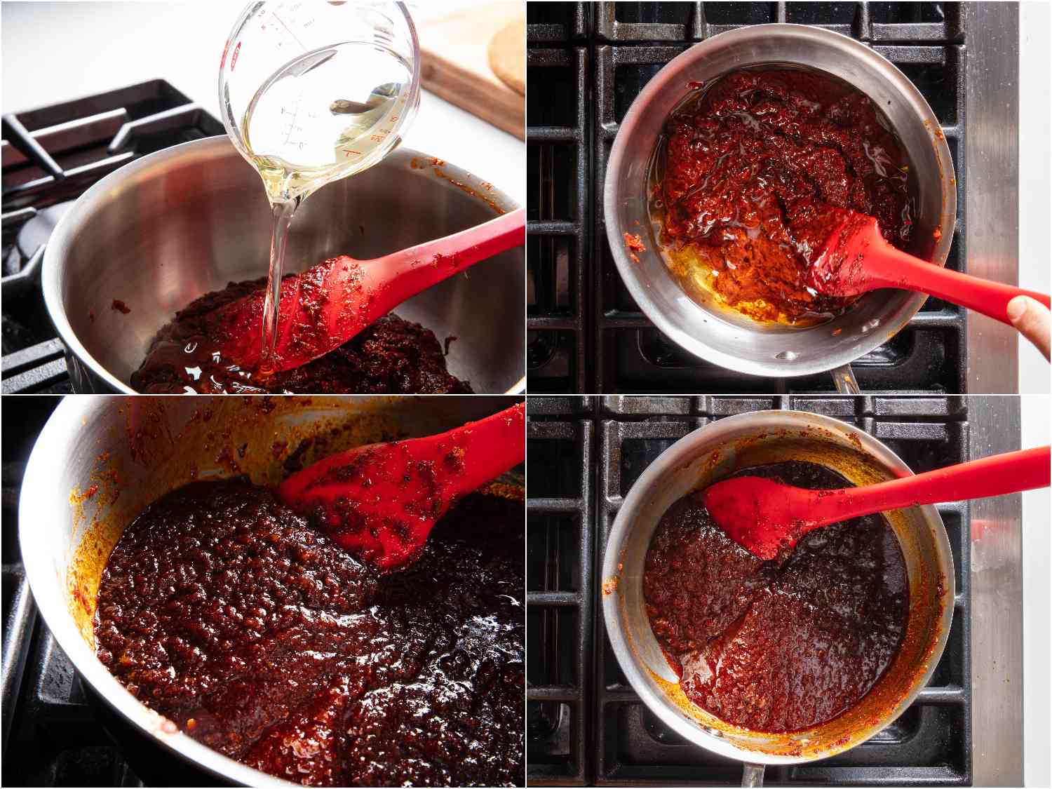 Cooking paste with oil in a saucepan until paste thickens to a jammy consistency and turns dark red.