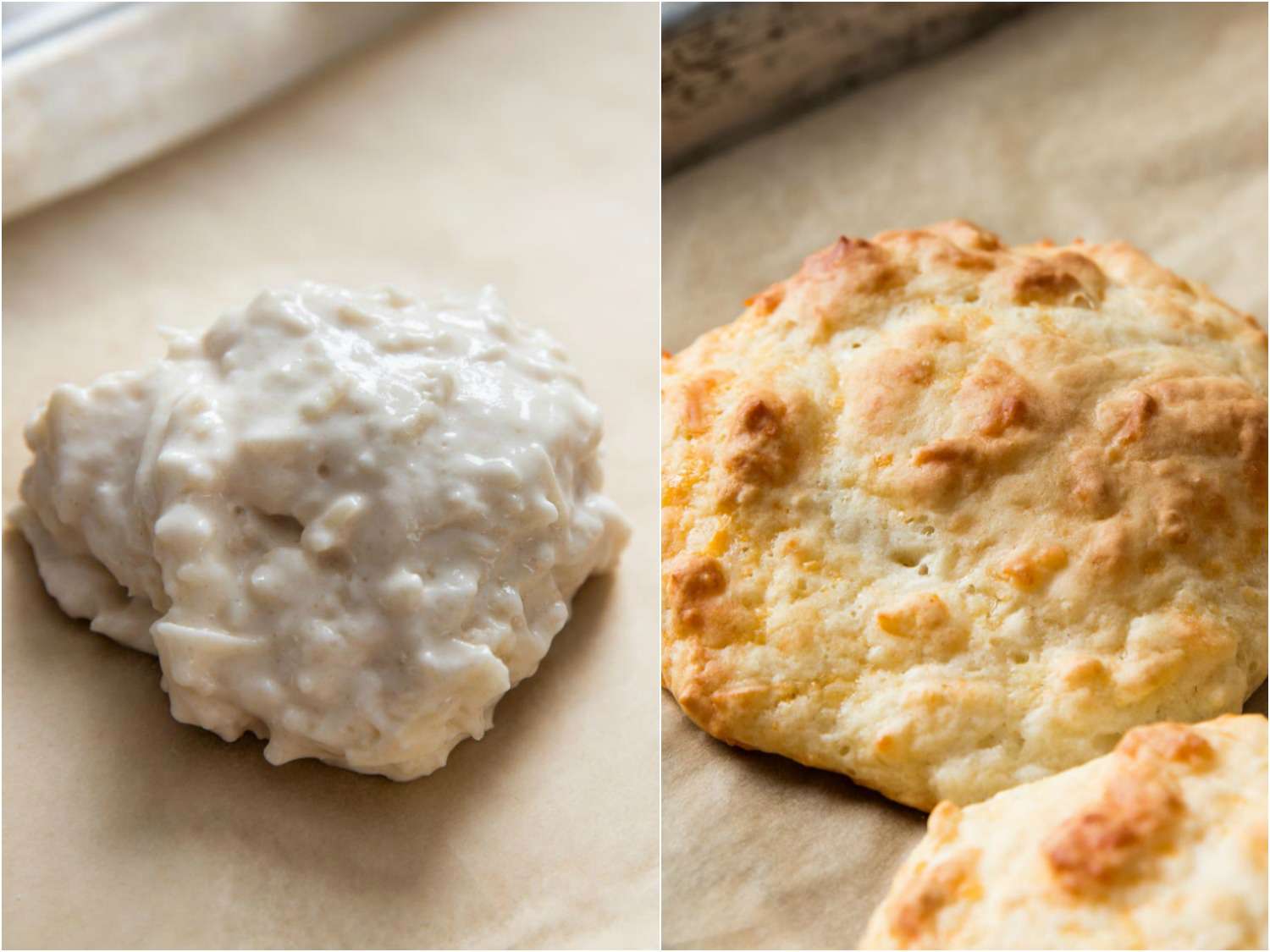 Biscuits made with lemon and milk as a buttermilk substitute before and after baking.