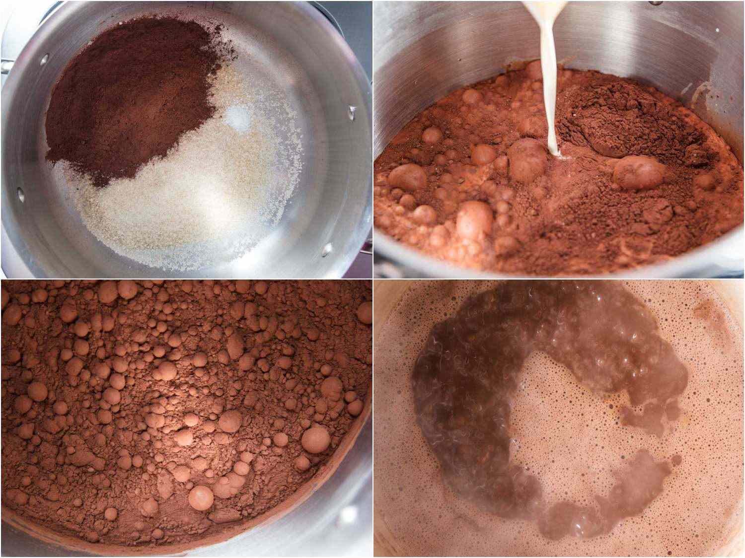 Cocoa powder and toasted sugar in a pot, combining dairy with cocoa/sugar mixture, cocoa/dairy/sugar mixture simmering