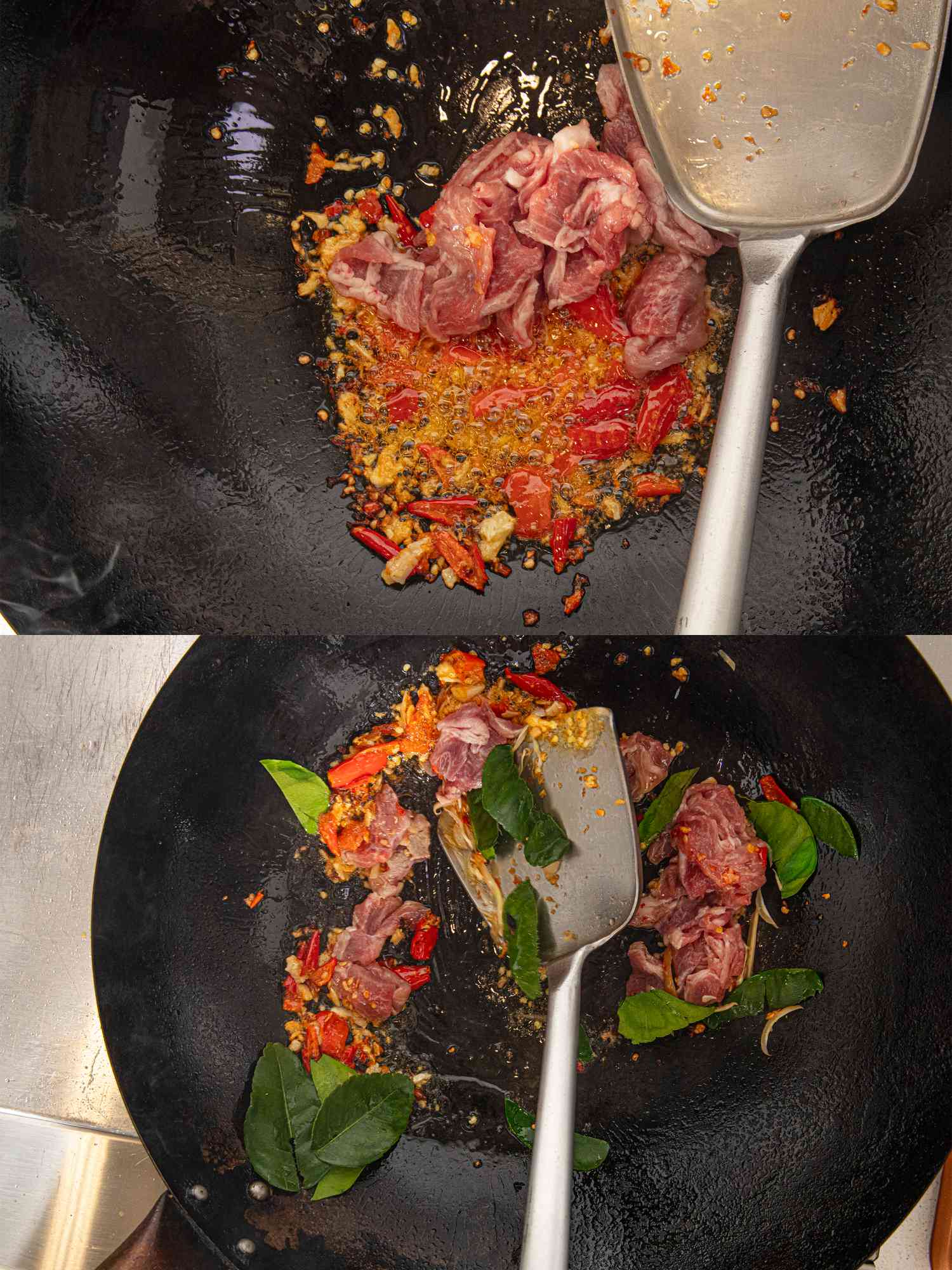 Two image collage of adding pork and thai basil leaves
