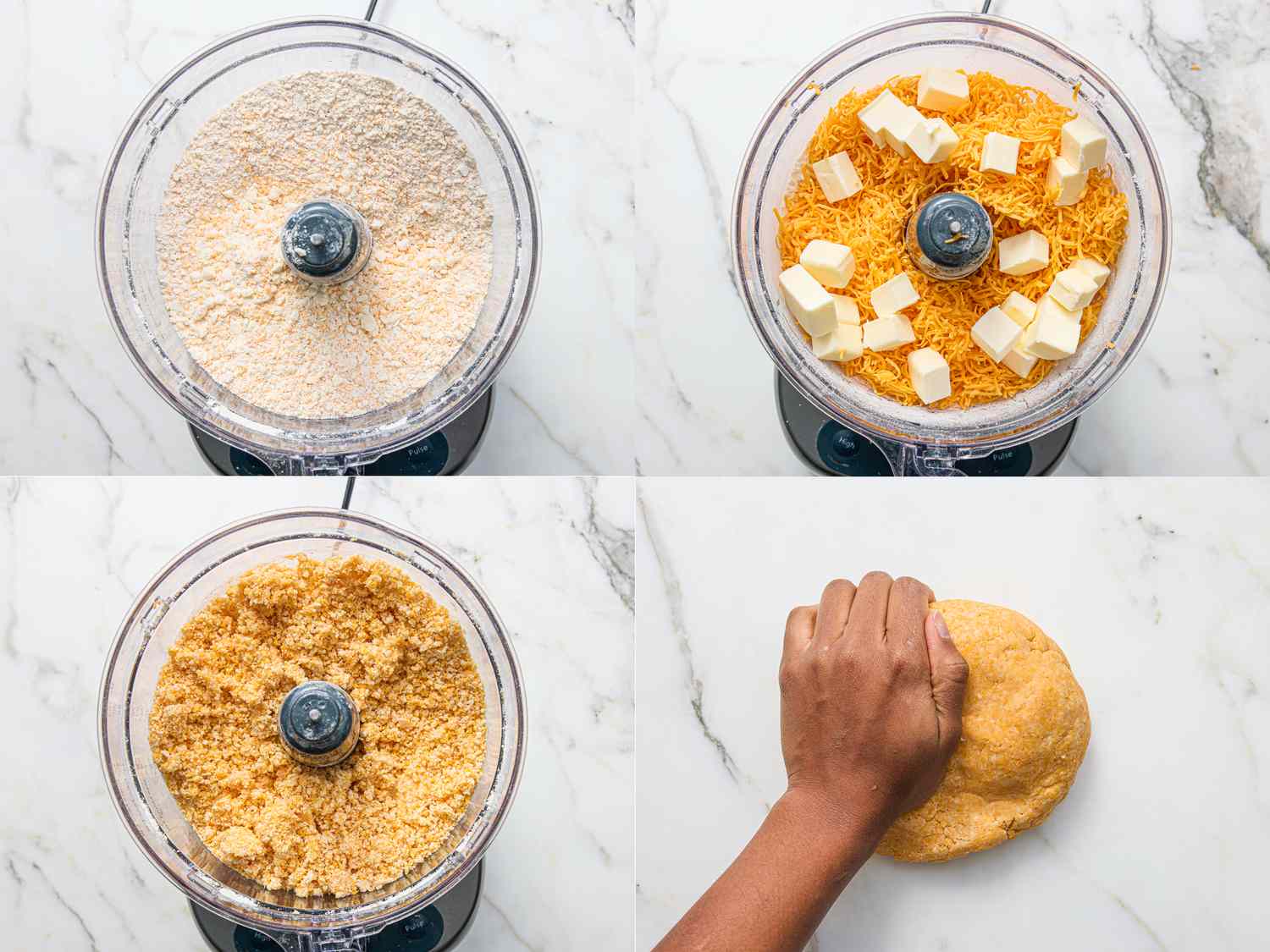 Steps of making dough for cheese straws in a food processor and kneading by hand