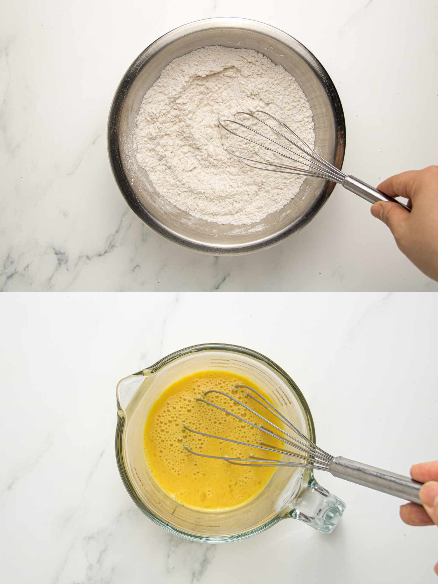 Bowl of flour being whisked, batter in a measuring cup being whisked.