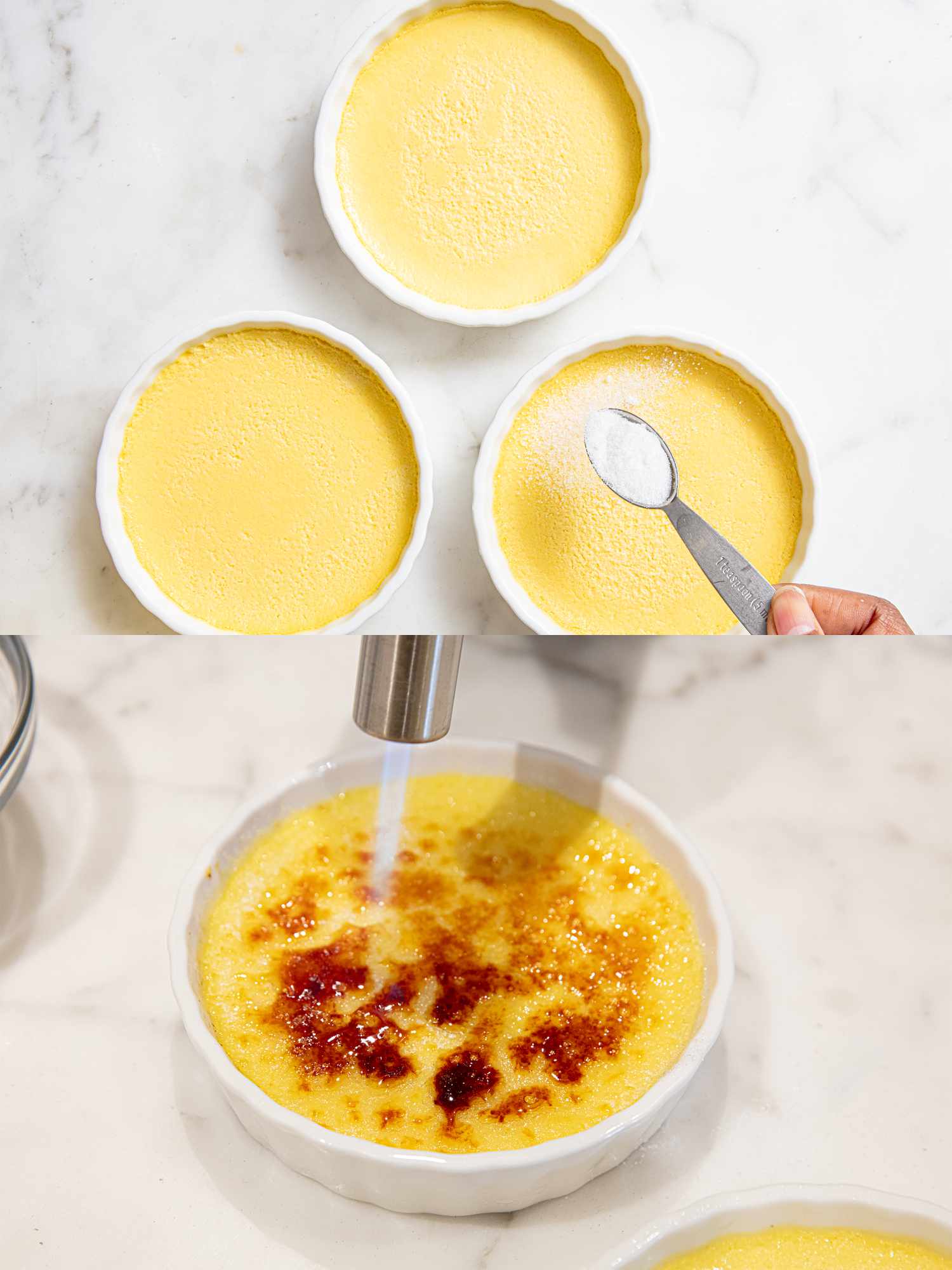 Overhead view of topping corn creme brulee with sugar