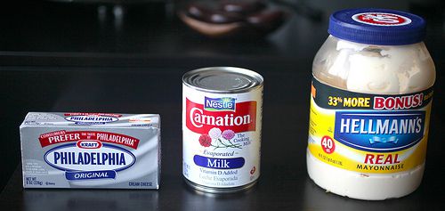 Cream cheese, evaporated milk, and mayonnaise.