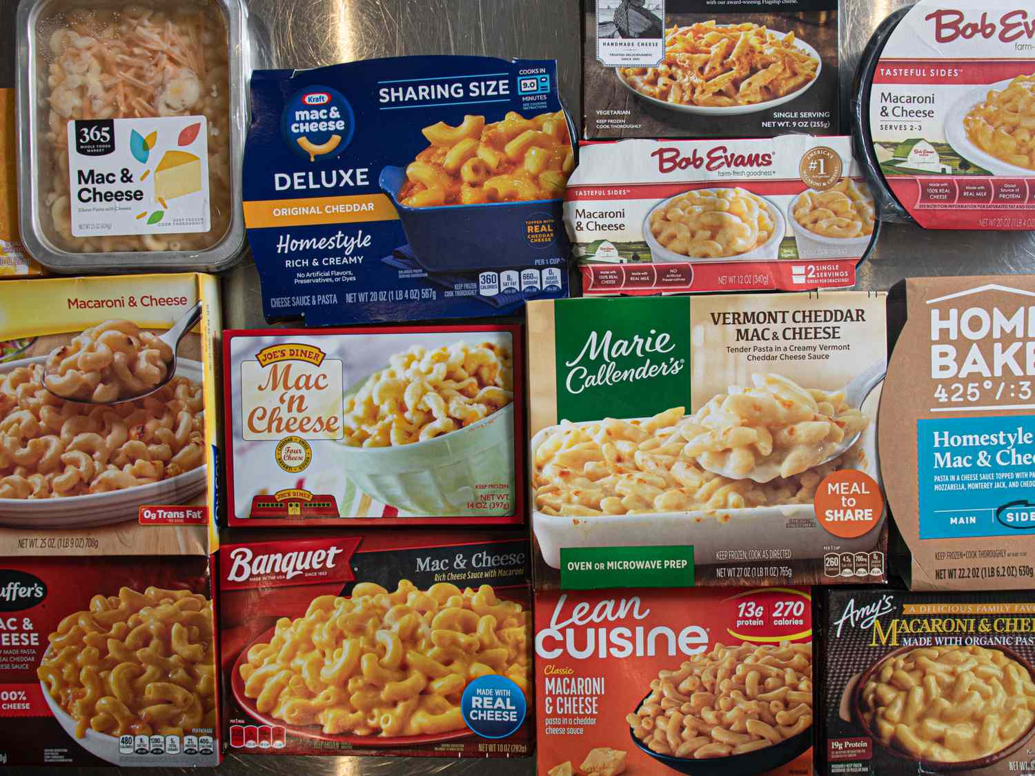 An assortment of packaged mac and cheese from various brands displayed together