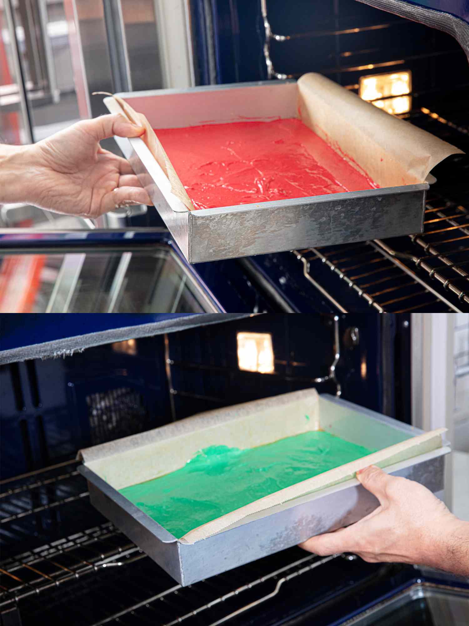 Two image collage of baking cake layers