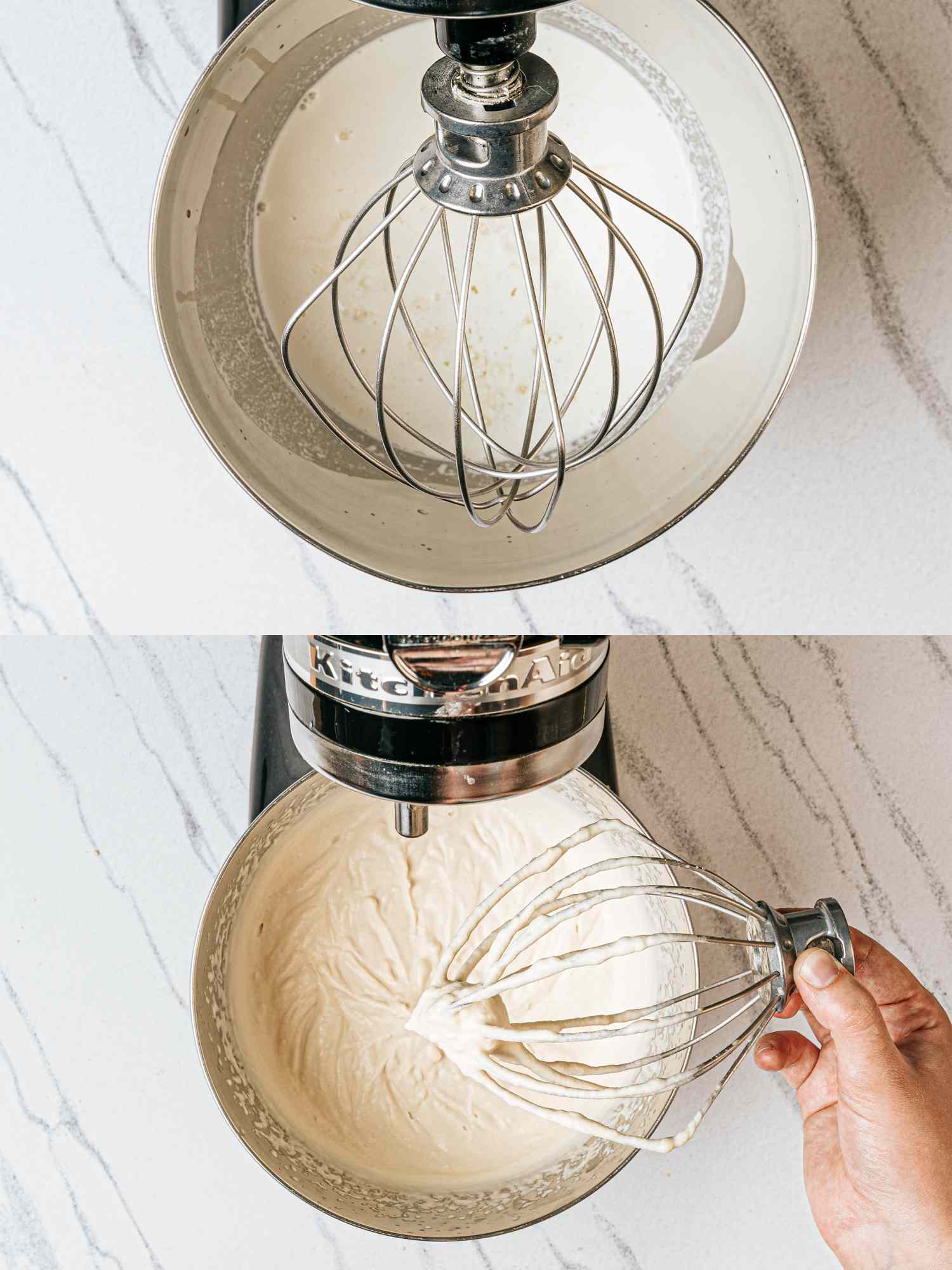 Two stages of whipped cream preparation with a stand mixer before and after whipping