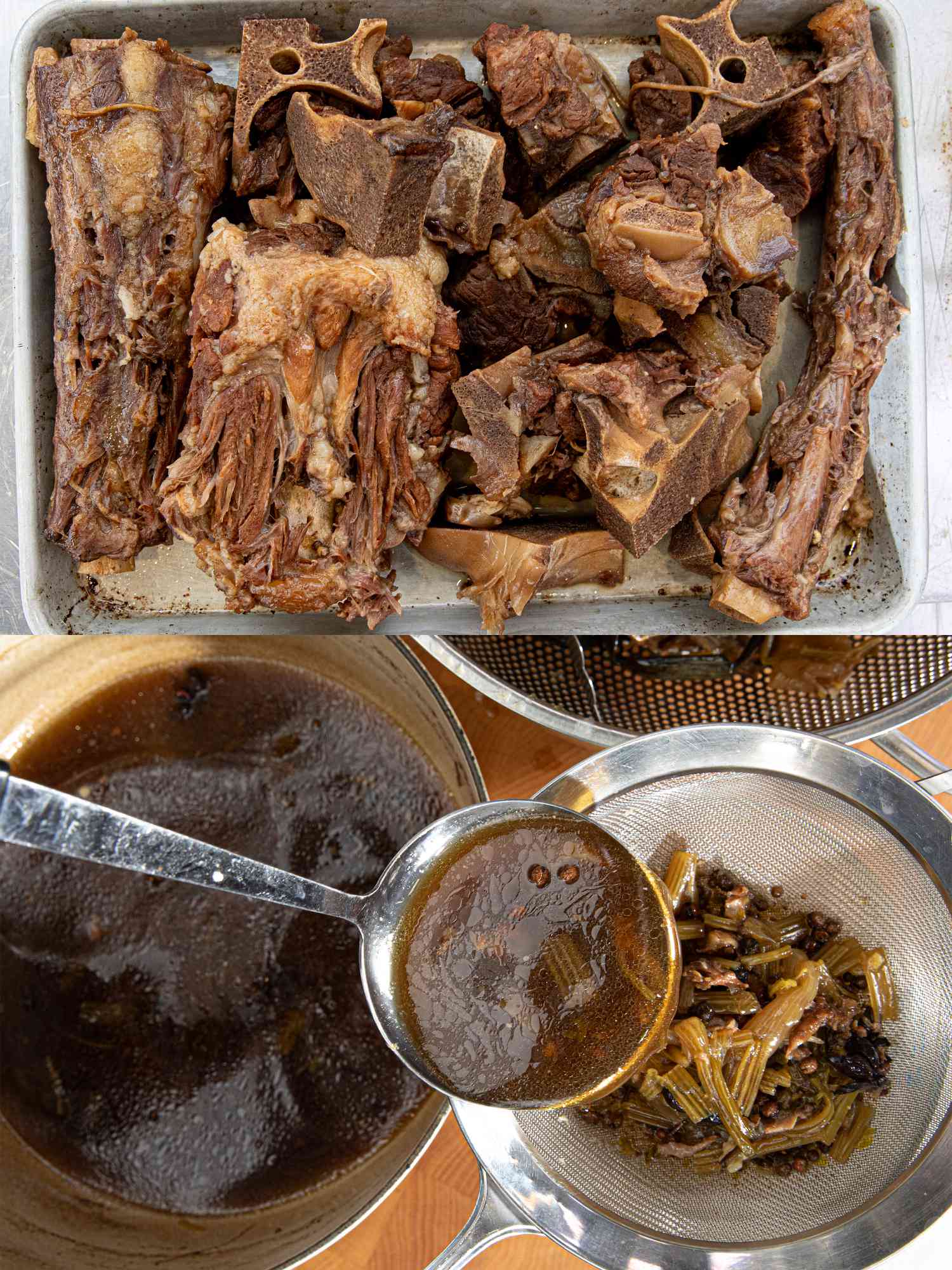 Two image collage of removing bones from stock pot and straining broth