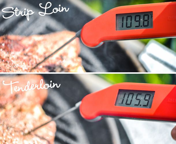 Two images of an instant-read thermometer being stuck into an out-of-focus steak. One image is labeled "strip loin" and the thermometer reads 109.8 degrees Fahrenheit; The other is labeled "tenderloin" and the thermometer is reading 105.9 degrees Fahrenheit.