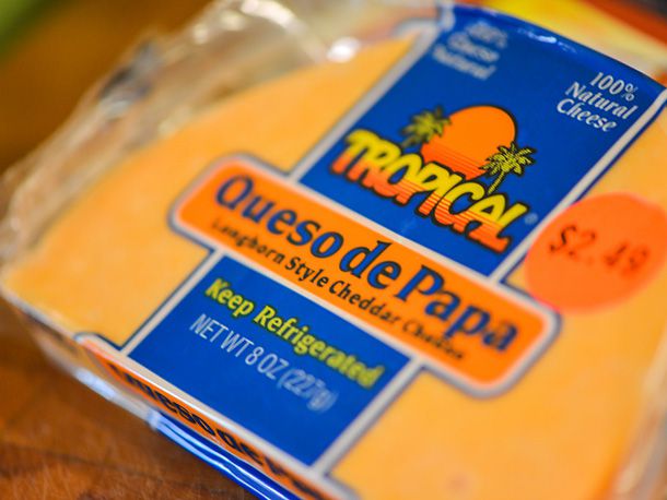 Closeup of a package of Longhorn cheese (Tropical Queso de Papa brand).