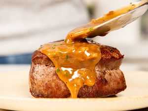 Side view of Steak Diane