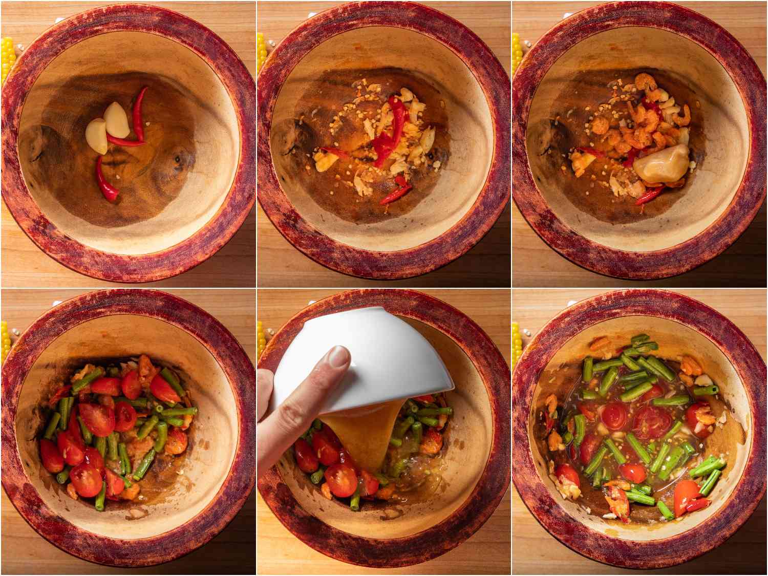Lightly pounding ingredients for the salad in a wooden mortar and pestle, starting with garlic and chiles, followed by dried shrimp and palm sugar, long beans and cherry tomatoes, and fish sauce and lime juice. 