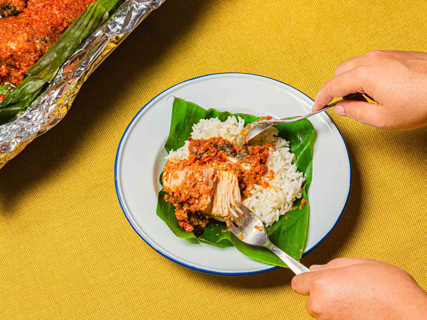 Overhead view of a single serving of sambal stingray