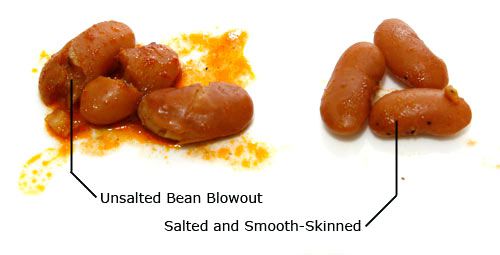 A labeled comparison image of brined and regular beans. The brined ones are intact and smooth-skinned.