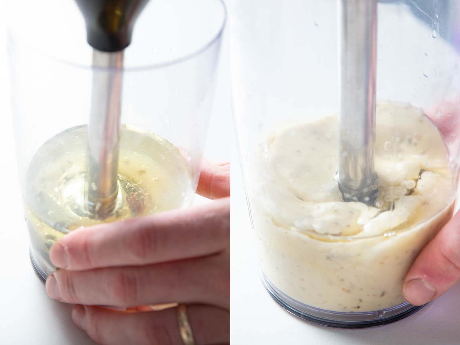 Side by side images of blending tonnato sauce base in a tall-sided container with an immersion blender to form mayonnaise.