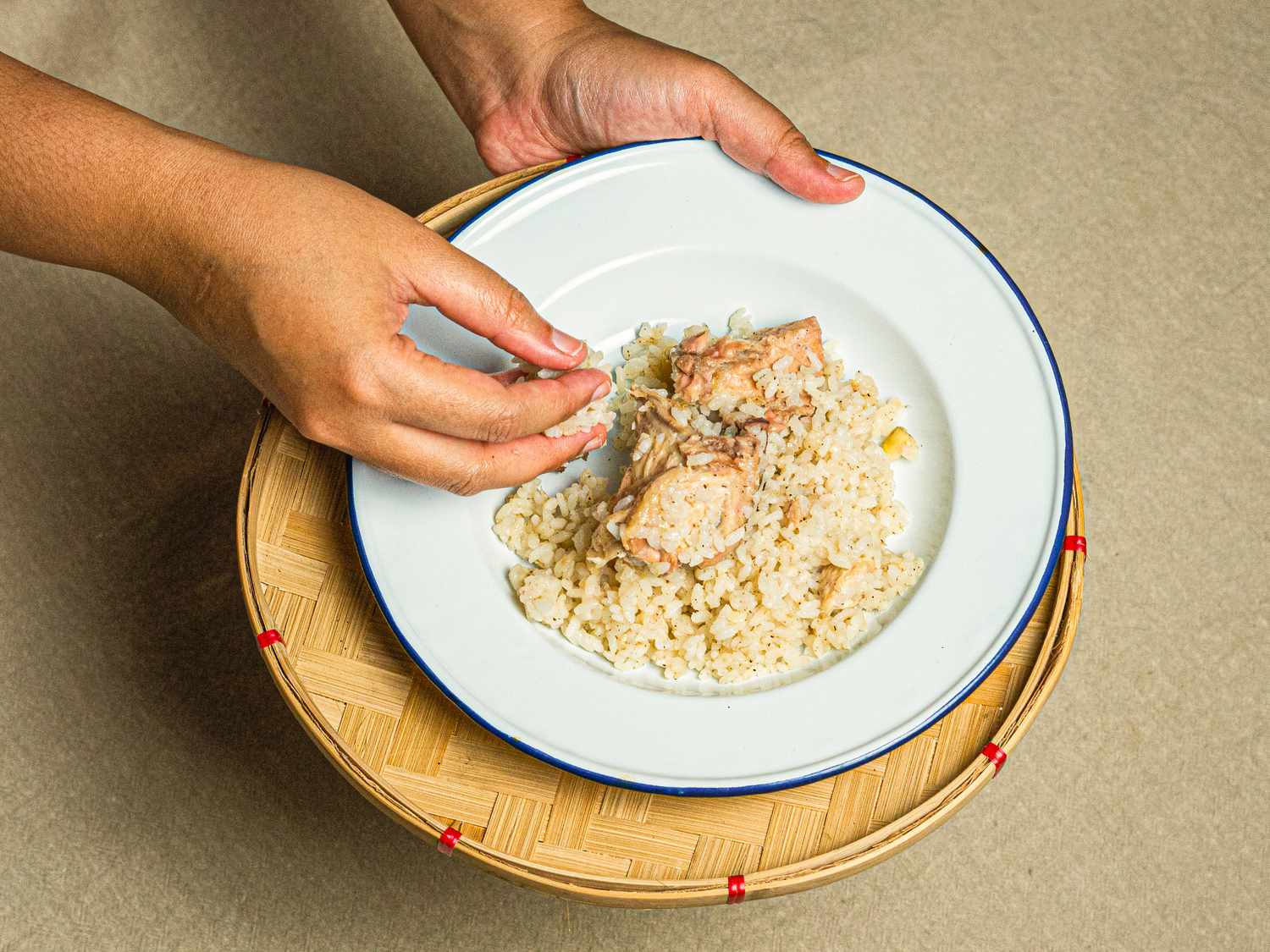 Overhead view of eating as-am with hands