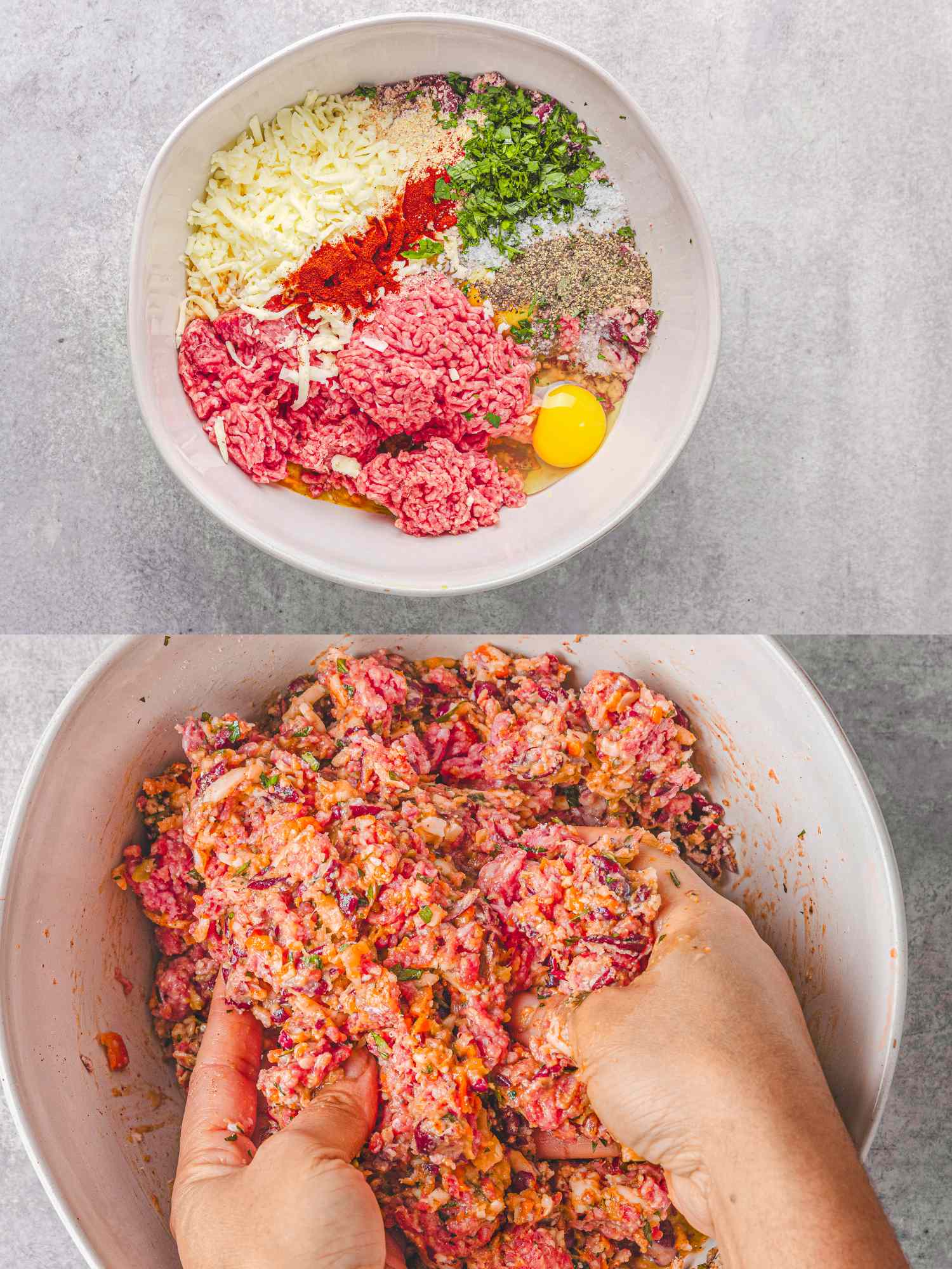 Twostep process of preparing a meatloaf first ingredients in a mixing bowl second mixing by hand