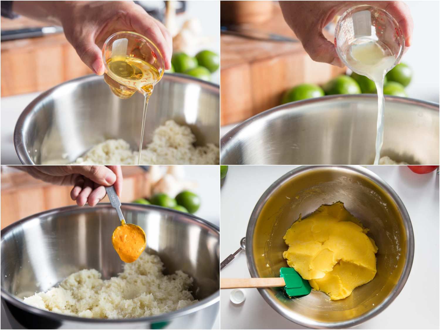 Collage of mashed potatoes with aji amarillo paste being mixed