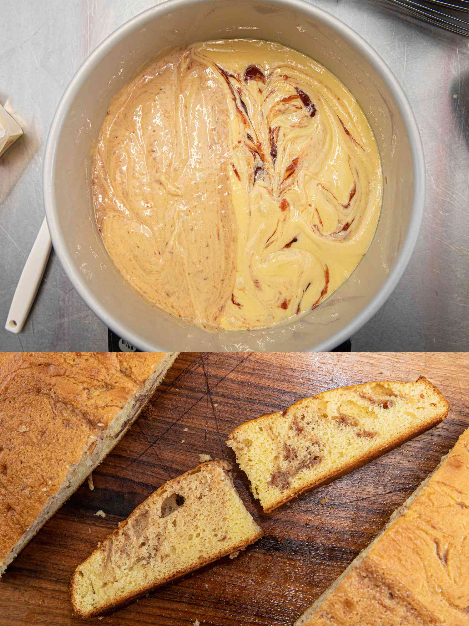 Two image collage of before and after adding jam to cake batter