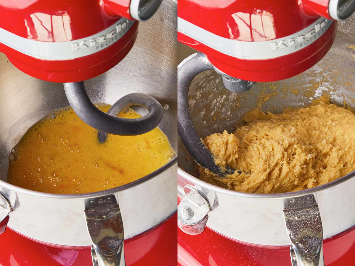 Side by side images of eggs and water beaten together in a stand mixer next to mixture after flour has been added and a cohesive dough has formed. 