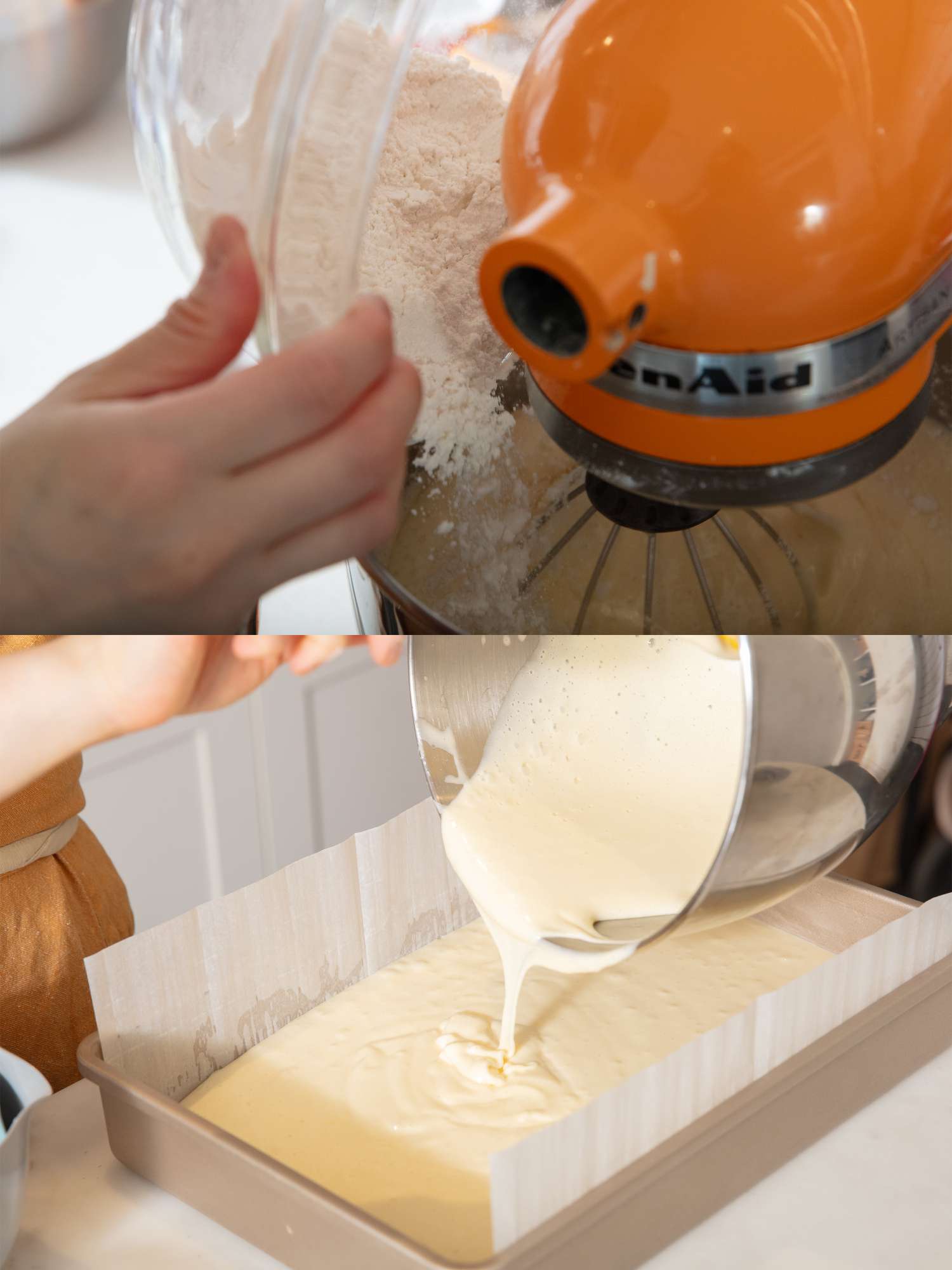 Two image collage of adding flour and pouring finished batter into cake pan