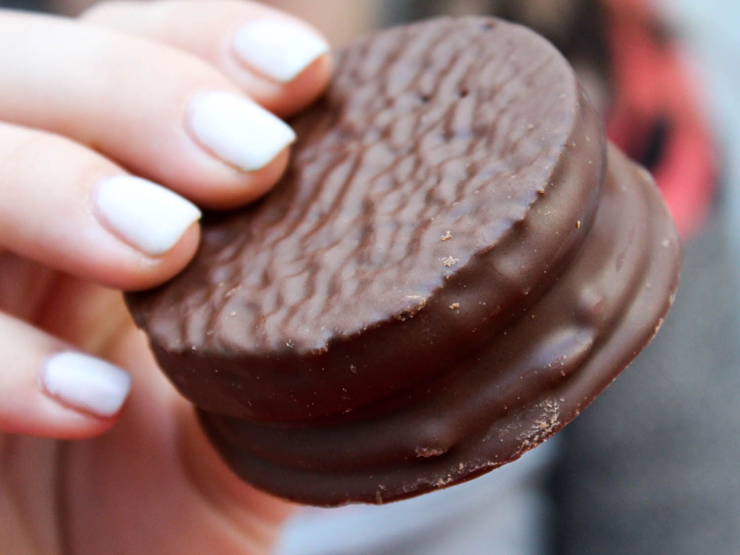 A chocolate-covered alfajores in someone's hand.