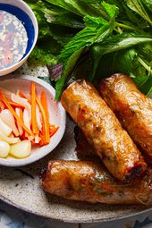 Side view of Imperial Rolls on a plate