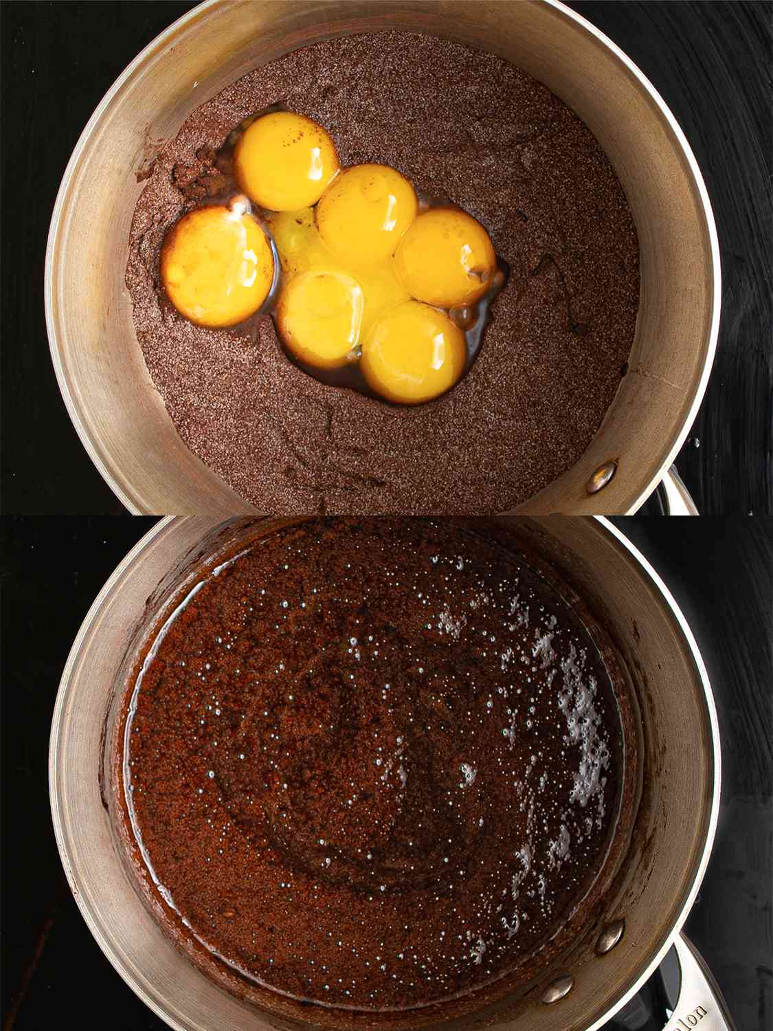 A two-image collage. The top image shows a stainless steel saucepan holding sugar and cocoa powder whisked together, with six egg yolks placed on top. The bottom image shows the egg yolks now thoroughly mixed into the powder.