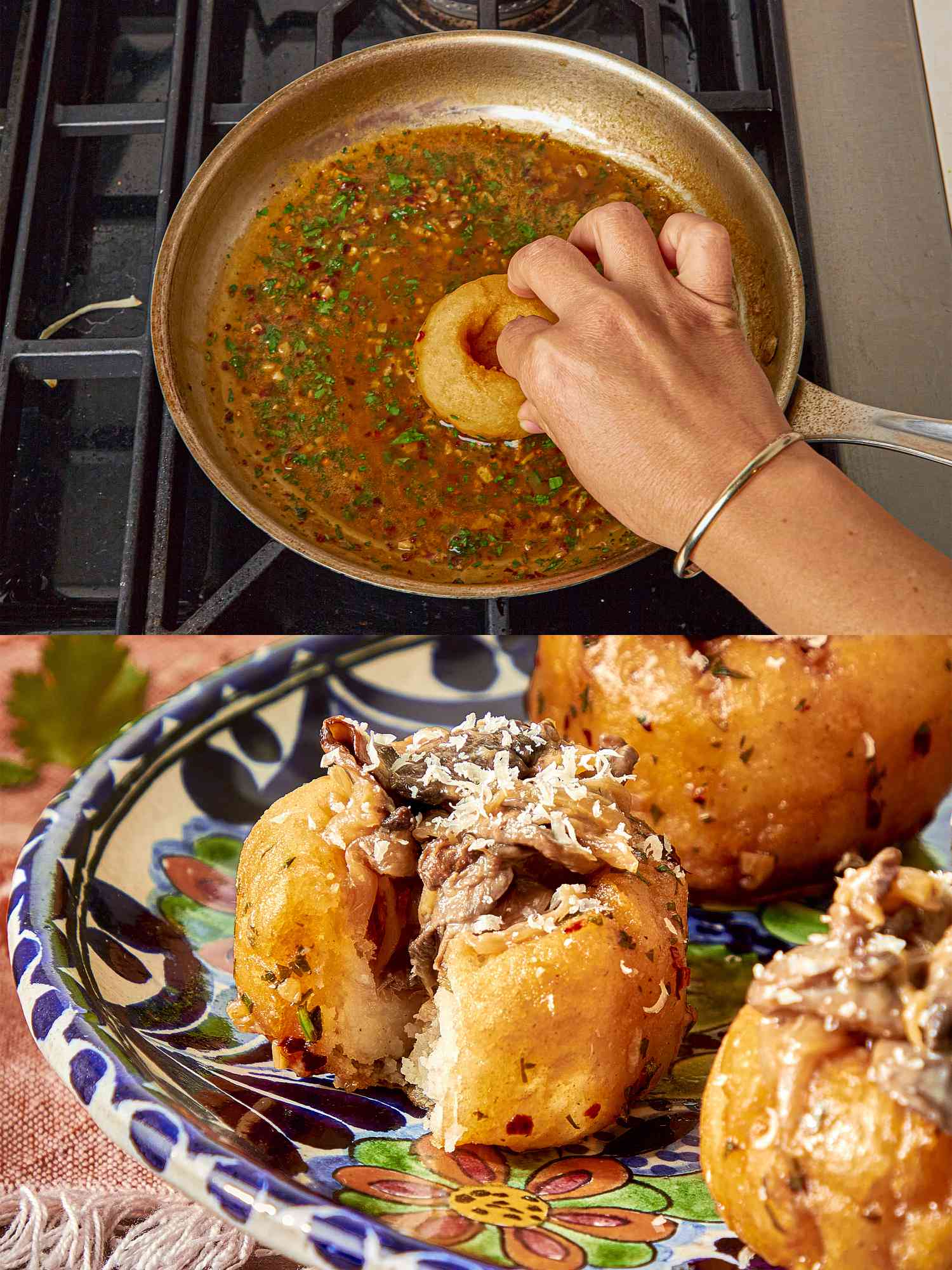 Two image collage of glazing and finsihed cazuelitas